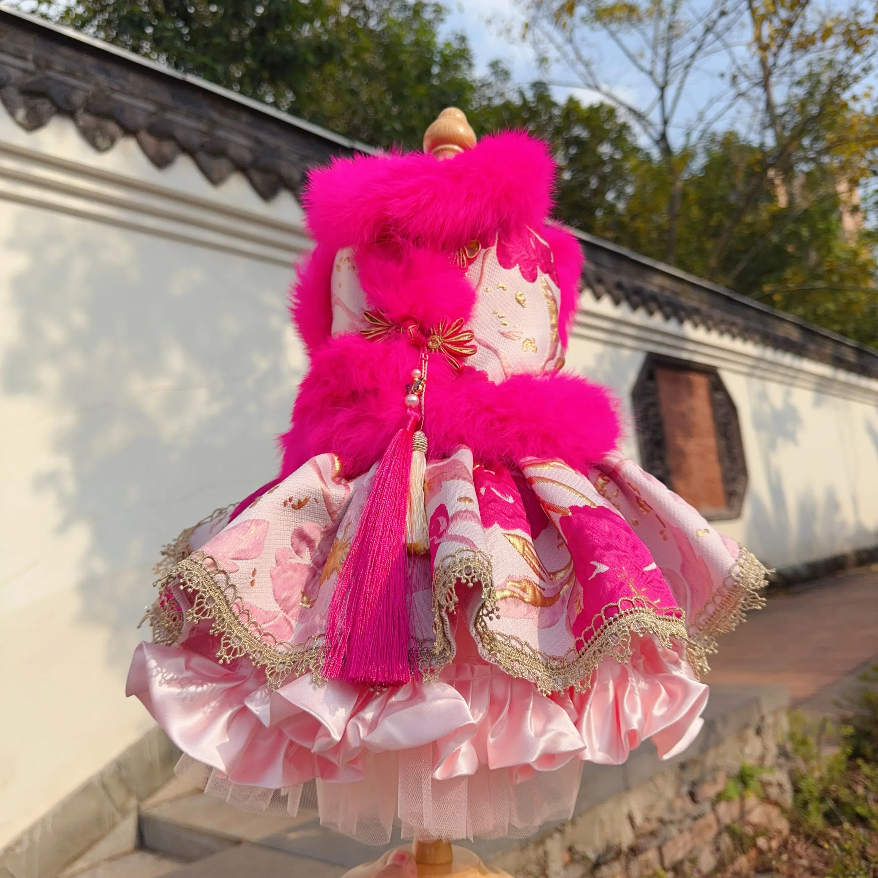 High-end Luxury Pet Dog Clothes Fine Handmade Rose Red Plush Chinese Style Cheongsam Dress For Small Medium Dog Winter Clothing