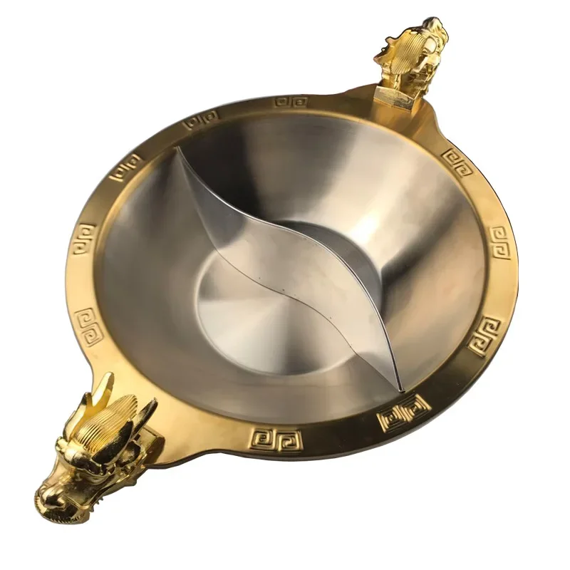 

36/38cm Stainless Steel Gas Induction Cooker Chinese Hot Pot Golden Dragon Head Soup Hotpot Round Divider Chafing Dish Cookware