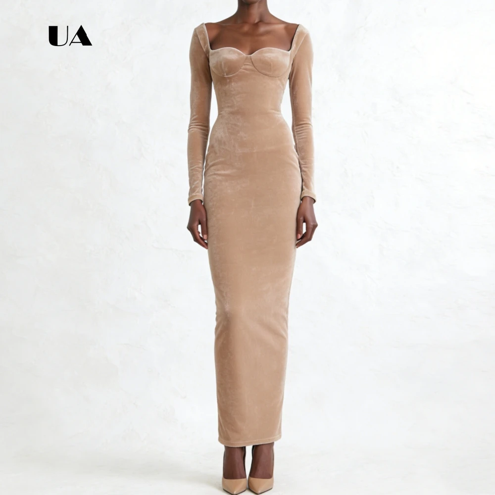 

ULBYANRY Velvet Sheath Prom Dress with Long Sleeves Solid Sweetheart Neck Evening Dress for Woman Lace-up Customized Party Gown