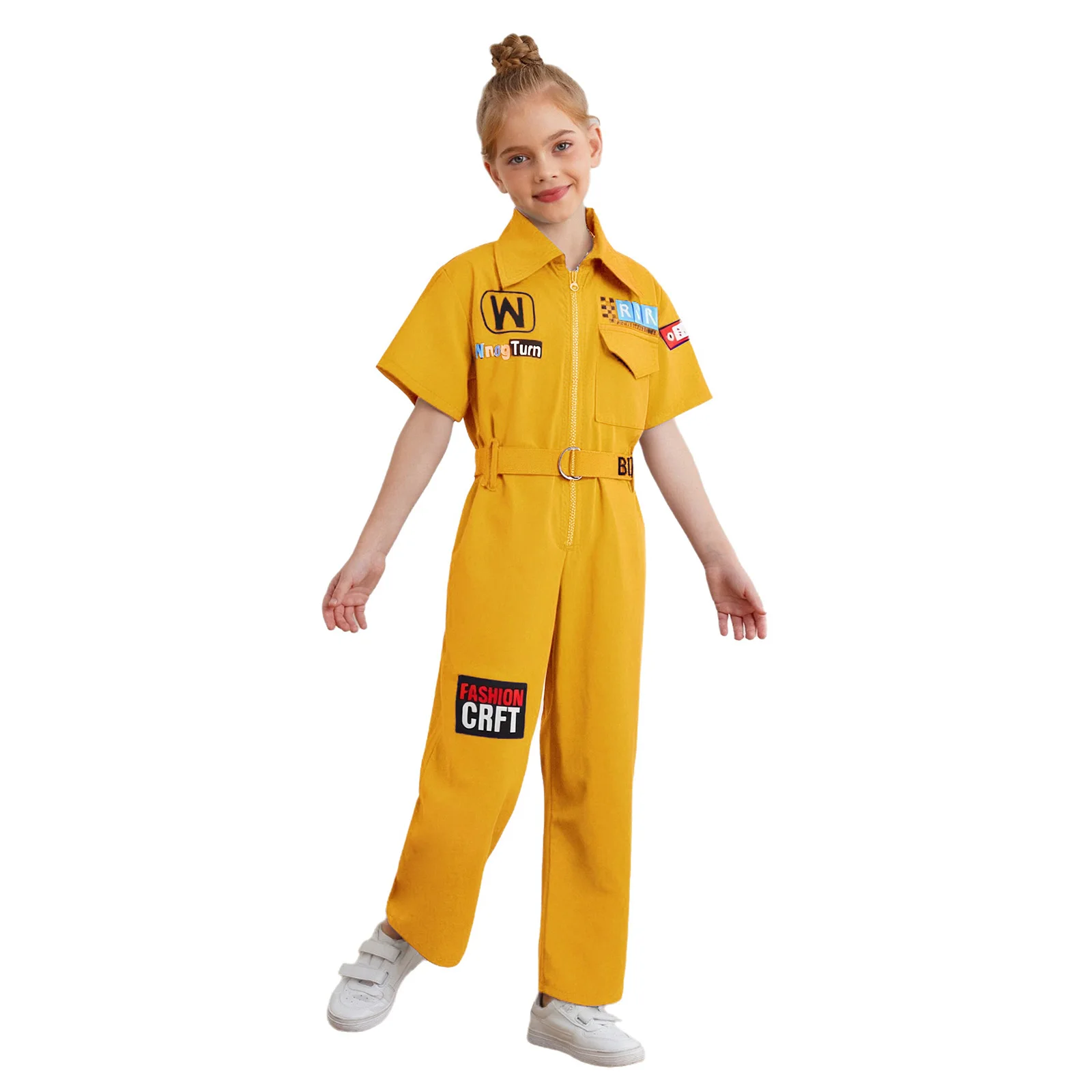 Boys Girls Hip Hop Street Dance Outfit Fashion Letter Printed Zipper Coveralls Jumpsuit with Belt Jazz Dancing Halloween Costume