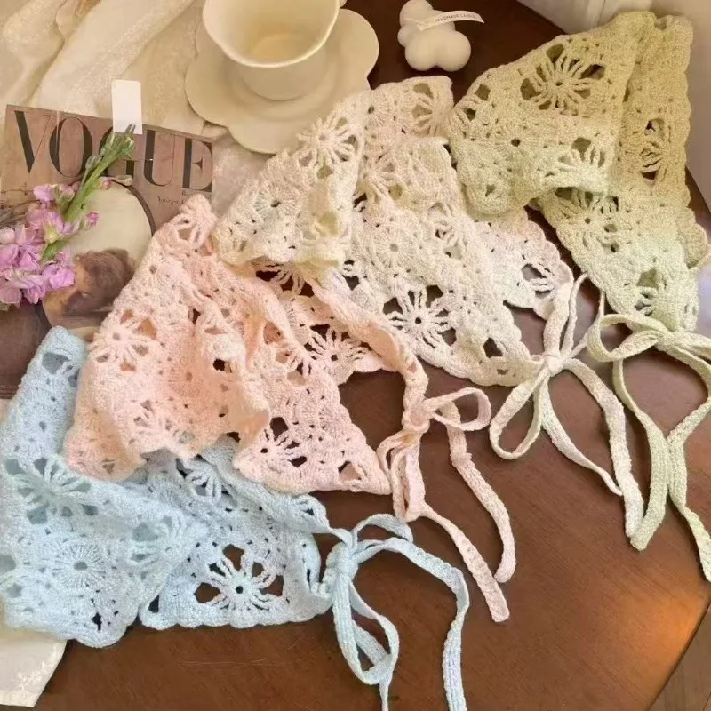 

Korean Style Knitted Head Scarf for Women Solid Color Triangle Headwrap Beach Vacation Retro Versatile Hair Accessories Bohemian