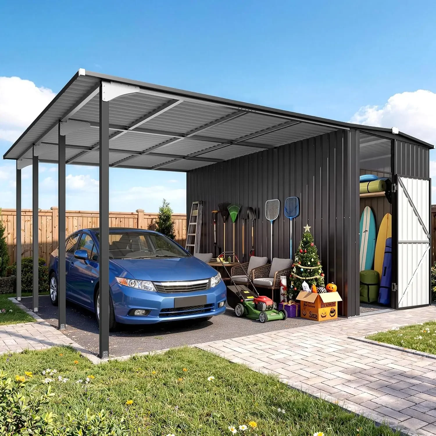 12x16 Lean to Gazebo Metal Shed Combo, Hardtop Carport with Storage, Customized