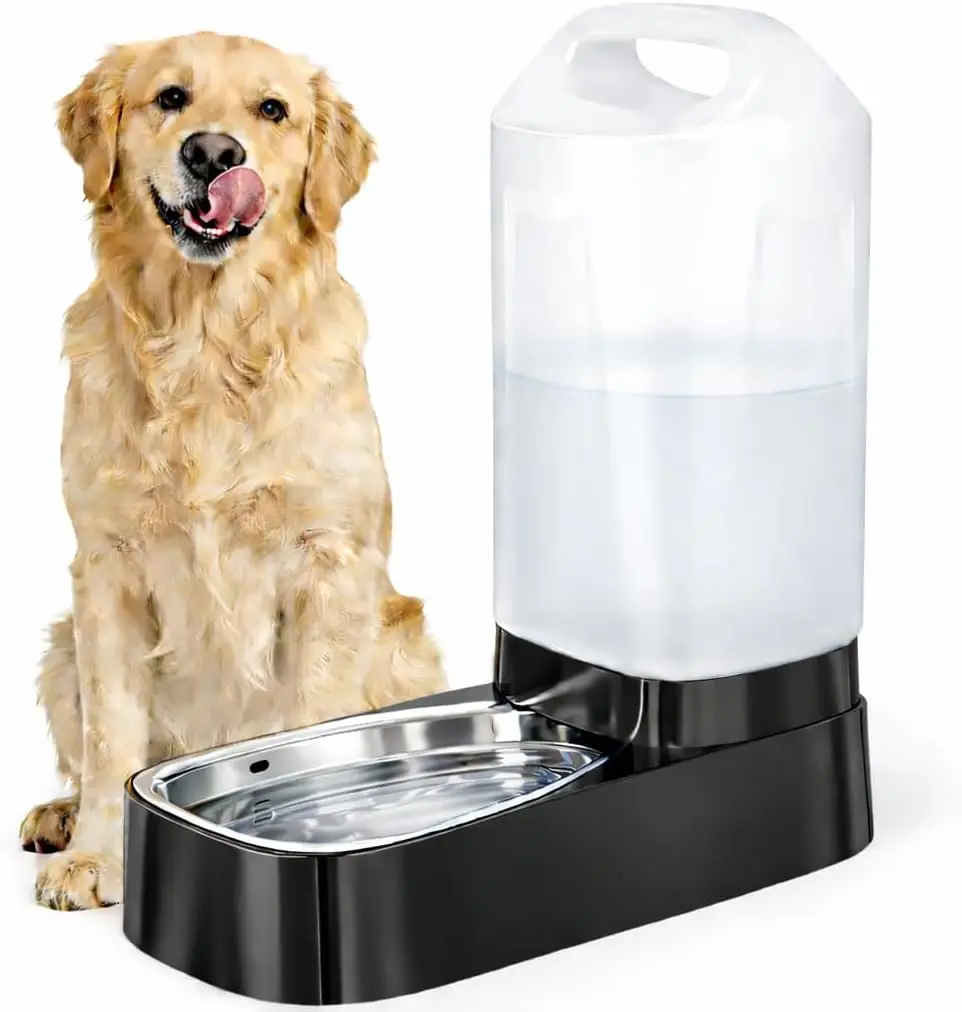 Automatic Pet Water Dispenser with Stainless Steel Bowl, 2.4 Gallon Gravity Feeder for Large Dogs and Cats, Easy-Carry Handle