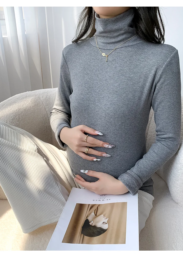 Korean Style Maternity Fleece T-shirt Winter Long Sleeve Turtleneck Fashion Pregnant Woman Basic Shirts Stretched Thick Warm Top