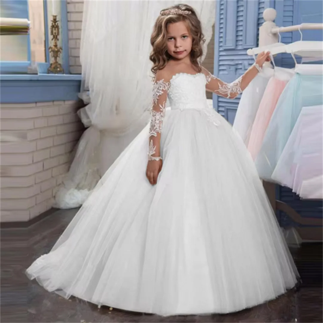 Maßgeschneiderte Blumenmädchenkleider Hellrosa Tüll Weiß Applikationen Langarm für Hochzeit Geburtstag Party Heilige Kommunion Kleid