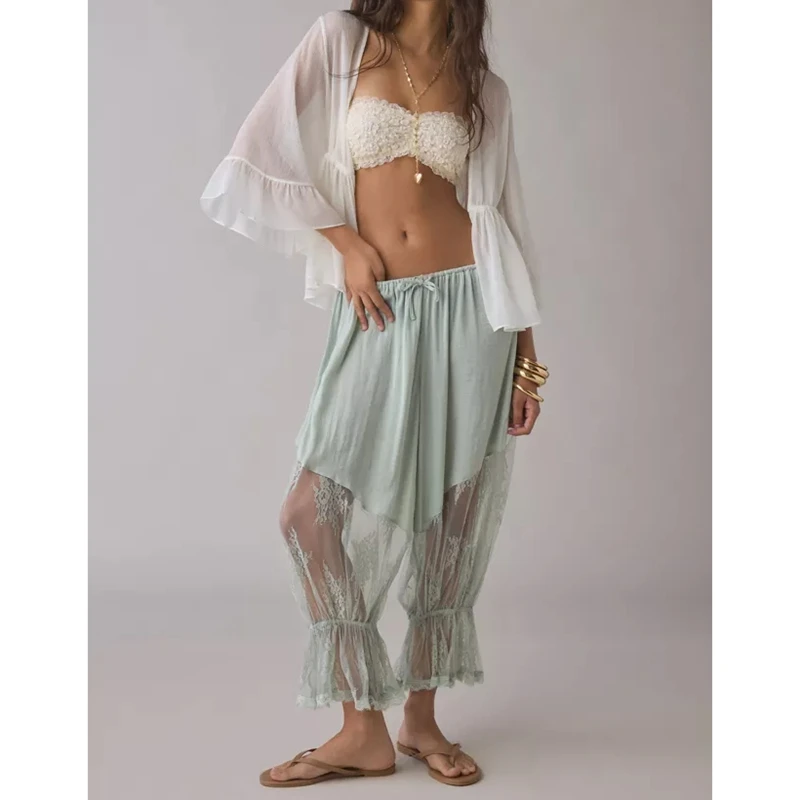 Women's Y2K Loose Fit Bloomers Cropped Pants Drawstring Low Waist Floral Lace Patchwork Calf-Length Lantern Trousers