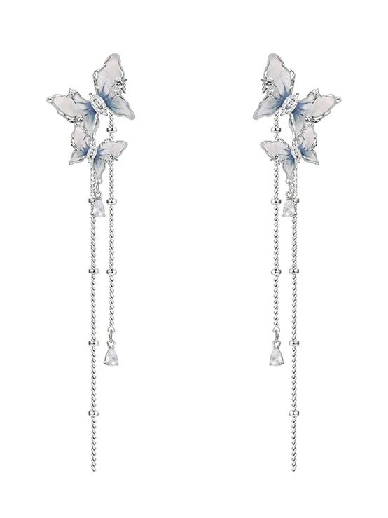 Smart and gradual change blue butterfly earrings fresh spring and summer fringed earrings
