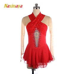 Nasinaya Figure Skating Competition Training Women's Rhythmic Gymnastics Dress Red Long Sleeve Shiny Rhinestone Mesh