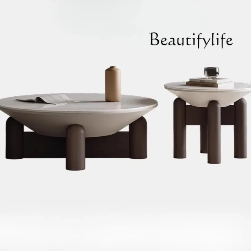 

Wabi wind coffee table combination round marble solid wood ash wood living room home small apartment designer high sense