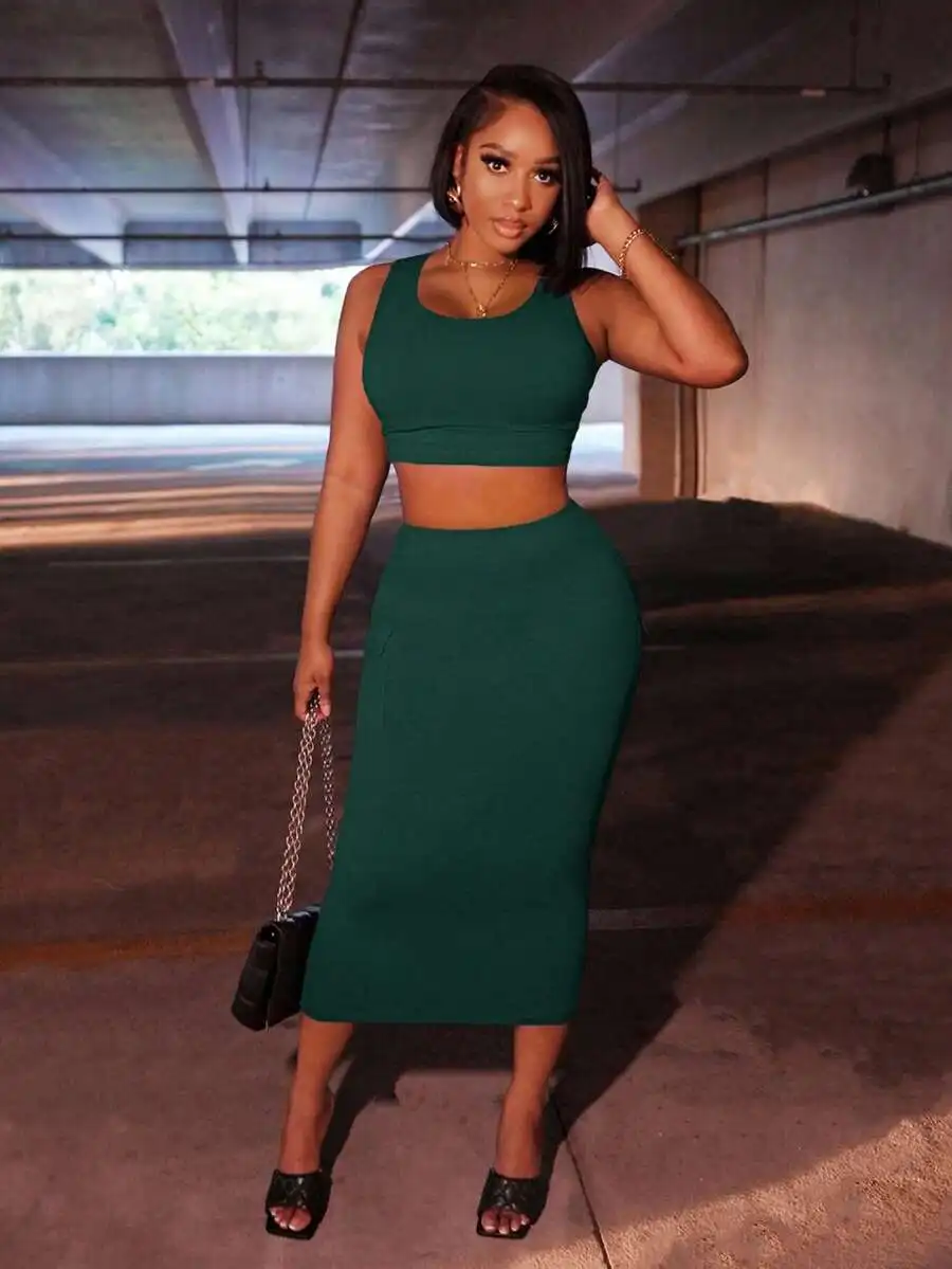 

Green 2 Piece Set Sleeveless Crop Top And Midi Skirt Casual Street Style