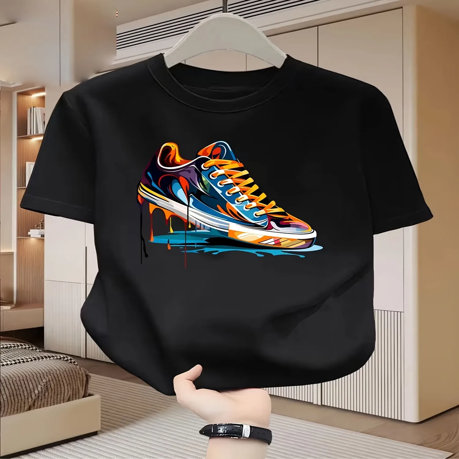 Men's Summer Short-Sleeve T-Shirt with Sneaker Graffiti Print Ink Splatter Streetwear Design - Breathable Crew Neck Casual Top, Regular Fit Suitable for Gym, Training, Daily Commute, Machine Was Retro Graphic Shirt, Holiday Tshirt