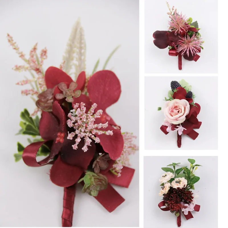 Borgonha artifical boutonnieres pulso corsage padrinhos botonier boda hombre broche acessórios de casamento