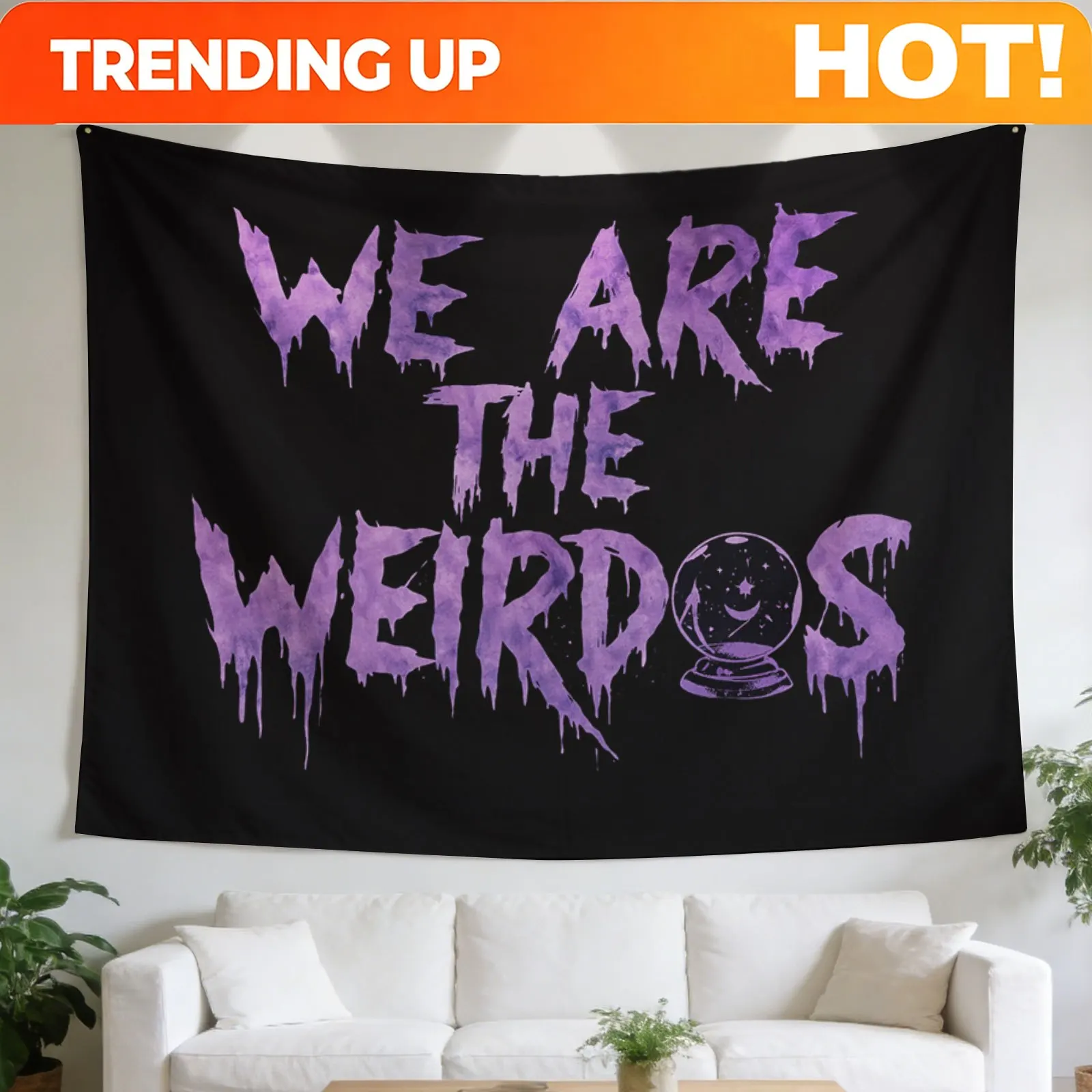 Customize 2D Flat, [2D Flat Printing] 1 Large Size Pattern Printing Tapestry- Weirdos, Purple, Text, Black Background, Crystall