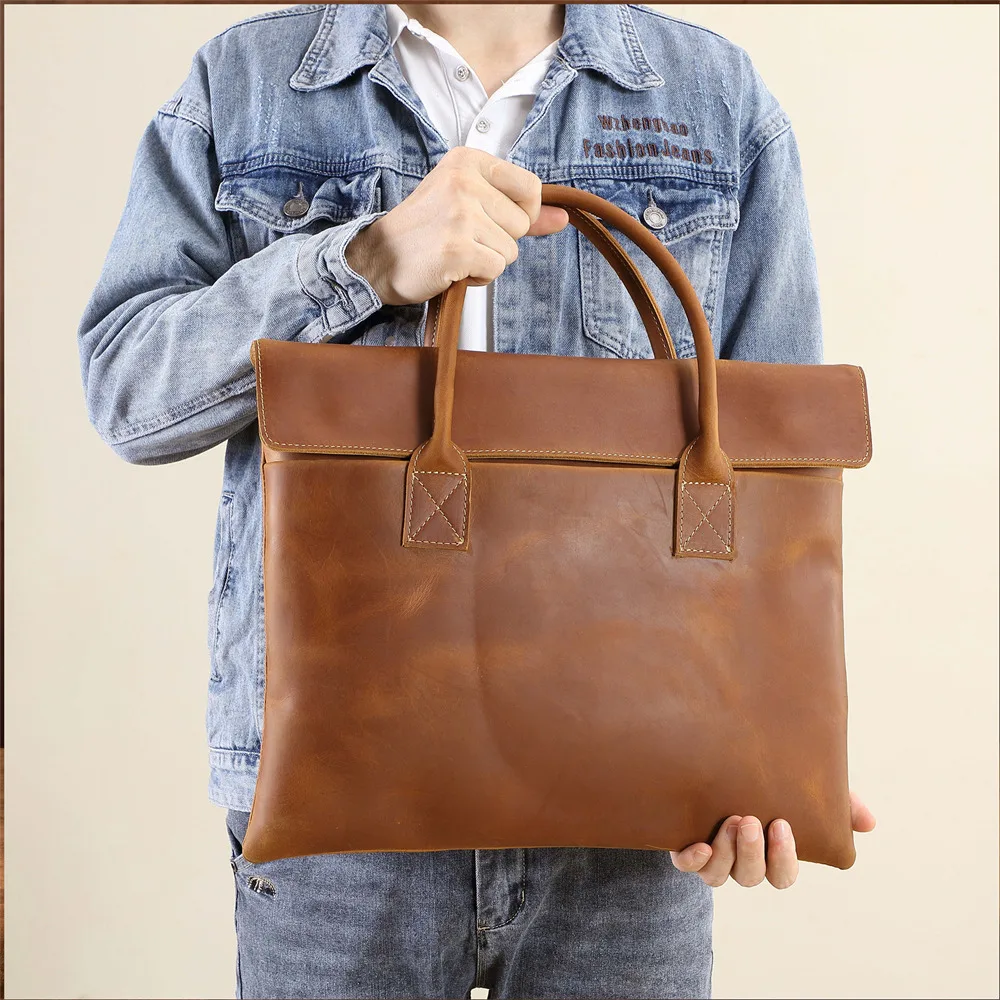 Retro Men's Briefcase Leather Casual HandbagTop Layer Cowhide Business Tablet Bag Thin Clutch For 16-Inch Laptop