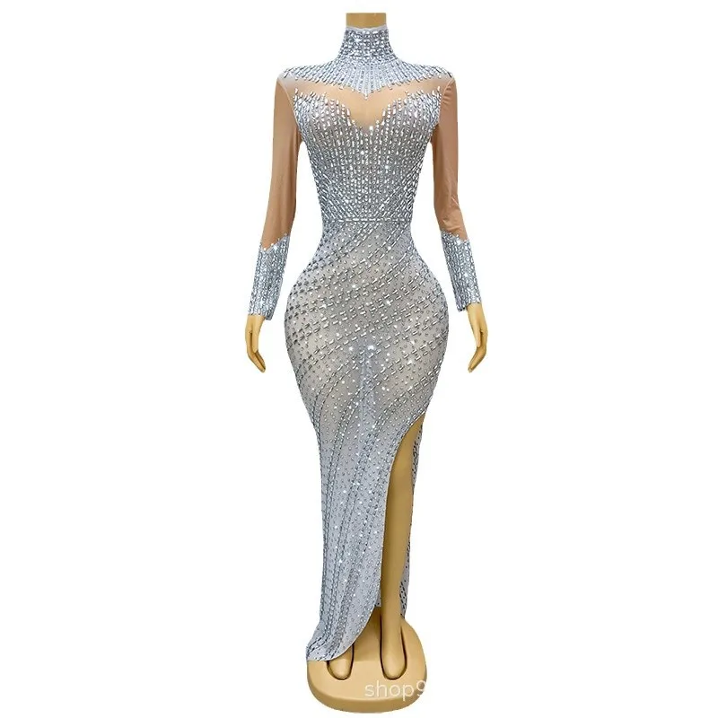 Luxury Fine Diamond Irregular Skirt Elegant Long Skirt Model Catwalk Costume Company Annual Meeting Host Evening Gown Robe Fête