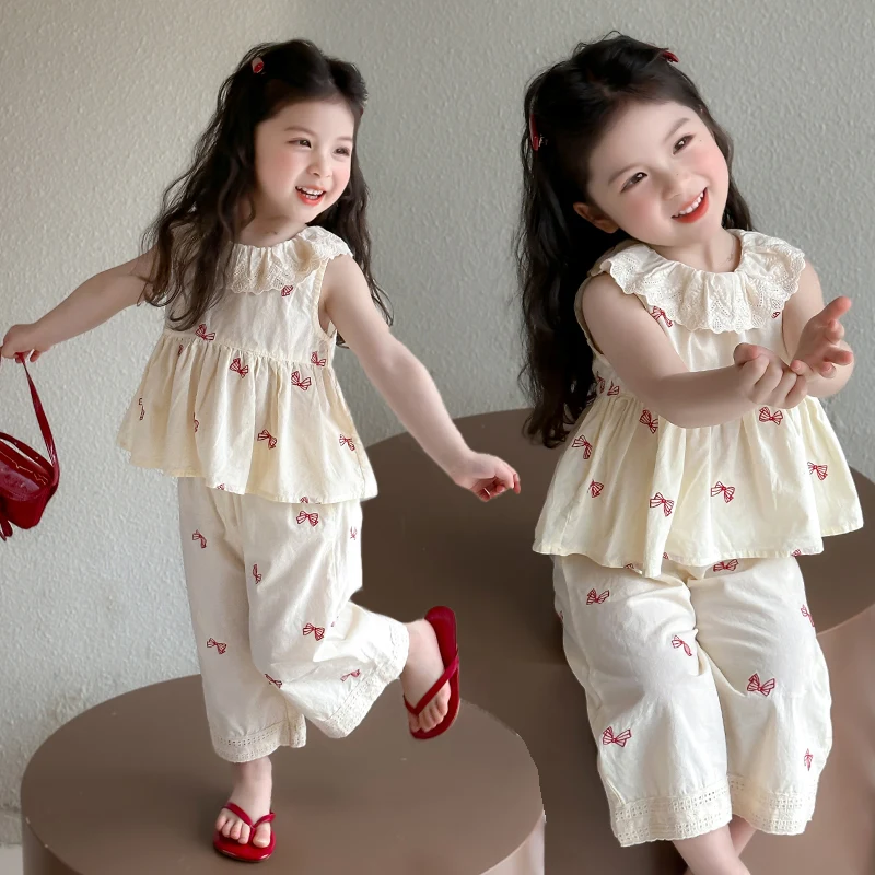 

2025 New Girls Summer Embroidered Bow Two-piece set Baby Lace Collar Sleeveless Top Pants Sets Kids Clothes Set