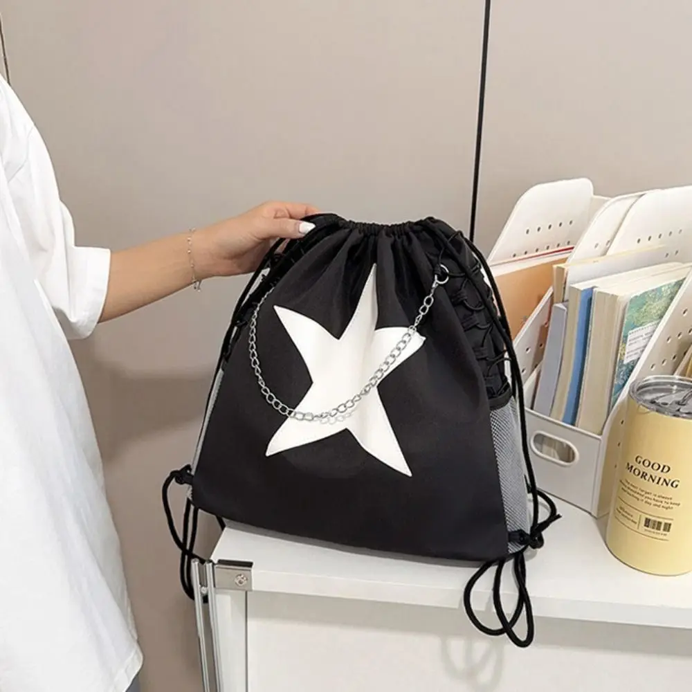 Korean Solid Color Star Drawstring Backpacks Harajuku Style Y2k Ruched Shoulder Bags Korean Canvas Nylon Backpacks Men Women