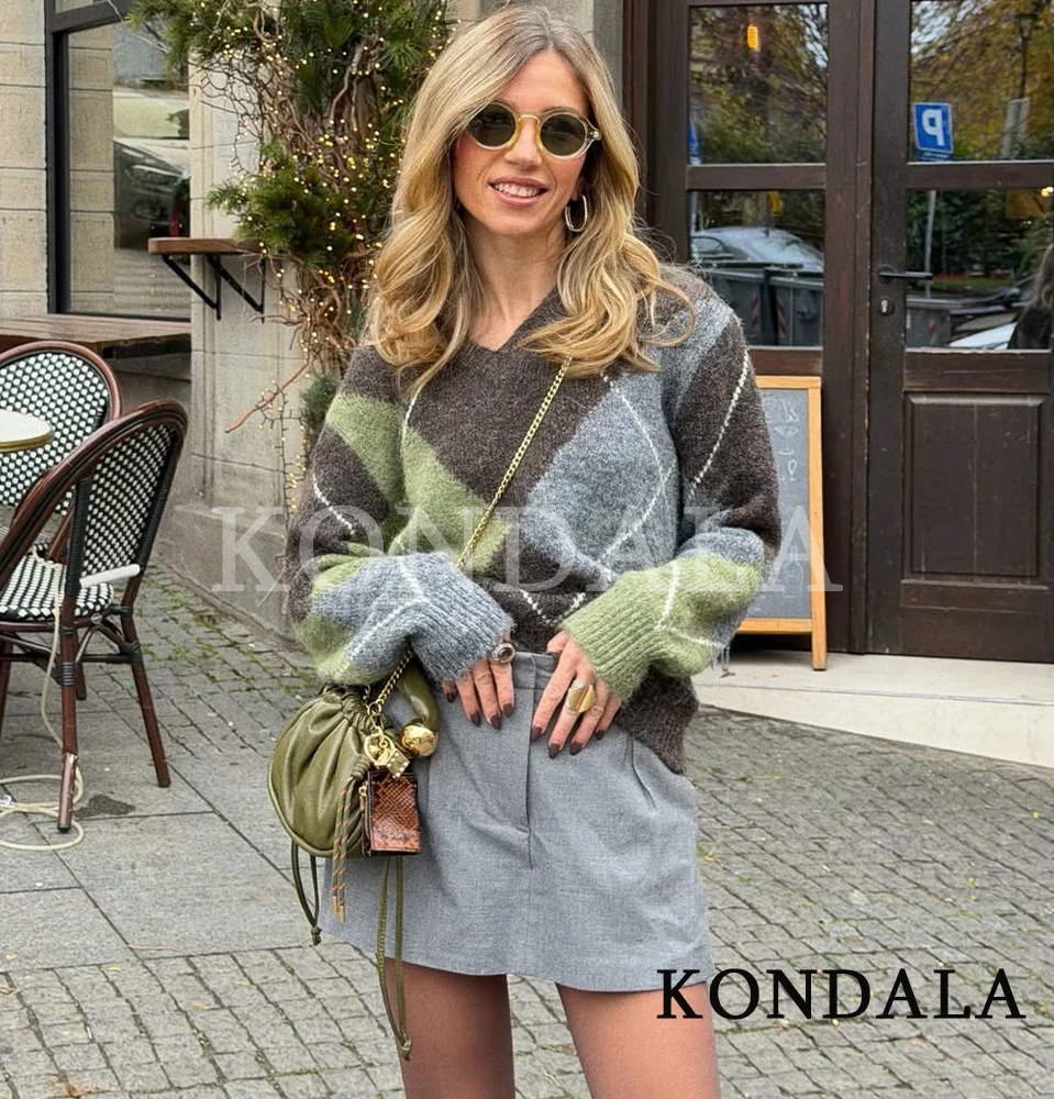KONDALA Lässiger Rautenpullover mit V-Ausschnitt für Damen, elegant, schlicht, vielseitig, Strickpullover, 2026, Frühling und Herbst, modischer Kontrastpullover – Detail 3