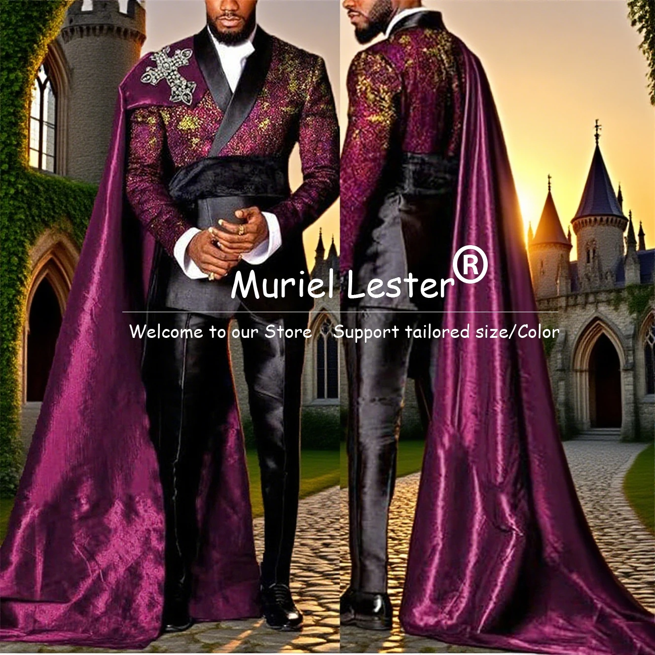 Male Fashion Wedding Suits For Men Jacquard Pattern Groom Blazers With Cape Customized 2 Pieces Sets Man Banquet Tuxedos Luxury