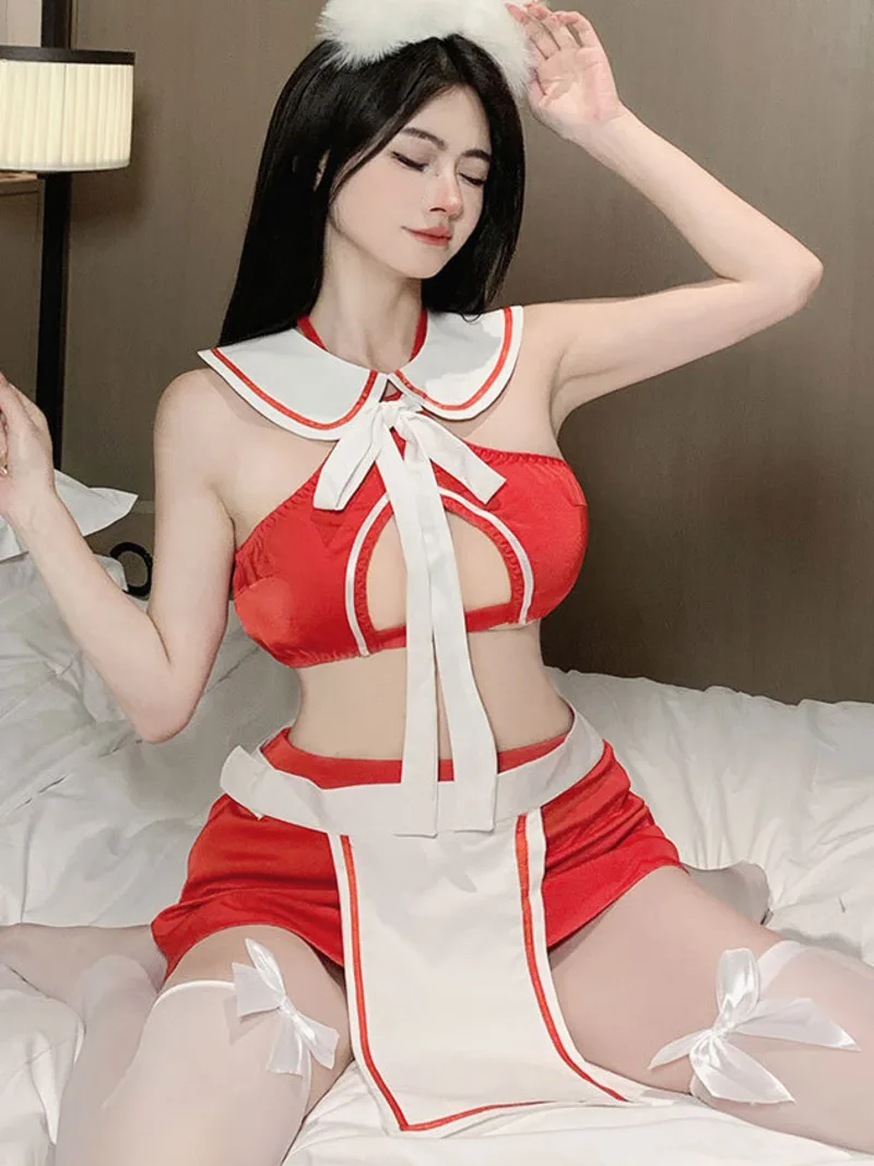 Sexy Open Crotch Leaking Milk Sailor Pure Desire Teasing Flirting Dress Elegant Sweet Fashion Sexy Red Mini Dress Tops BC8D