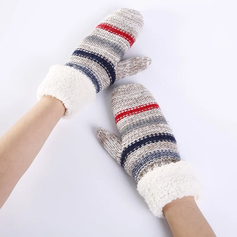 Finger Stripe Mixed Color Warm Gloves Autumn Winter Women Knitted Yarn Fleece Lined Thickened Warm Wrist Soft protective gloves