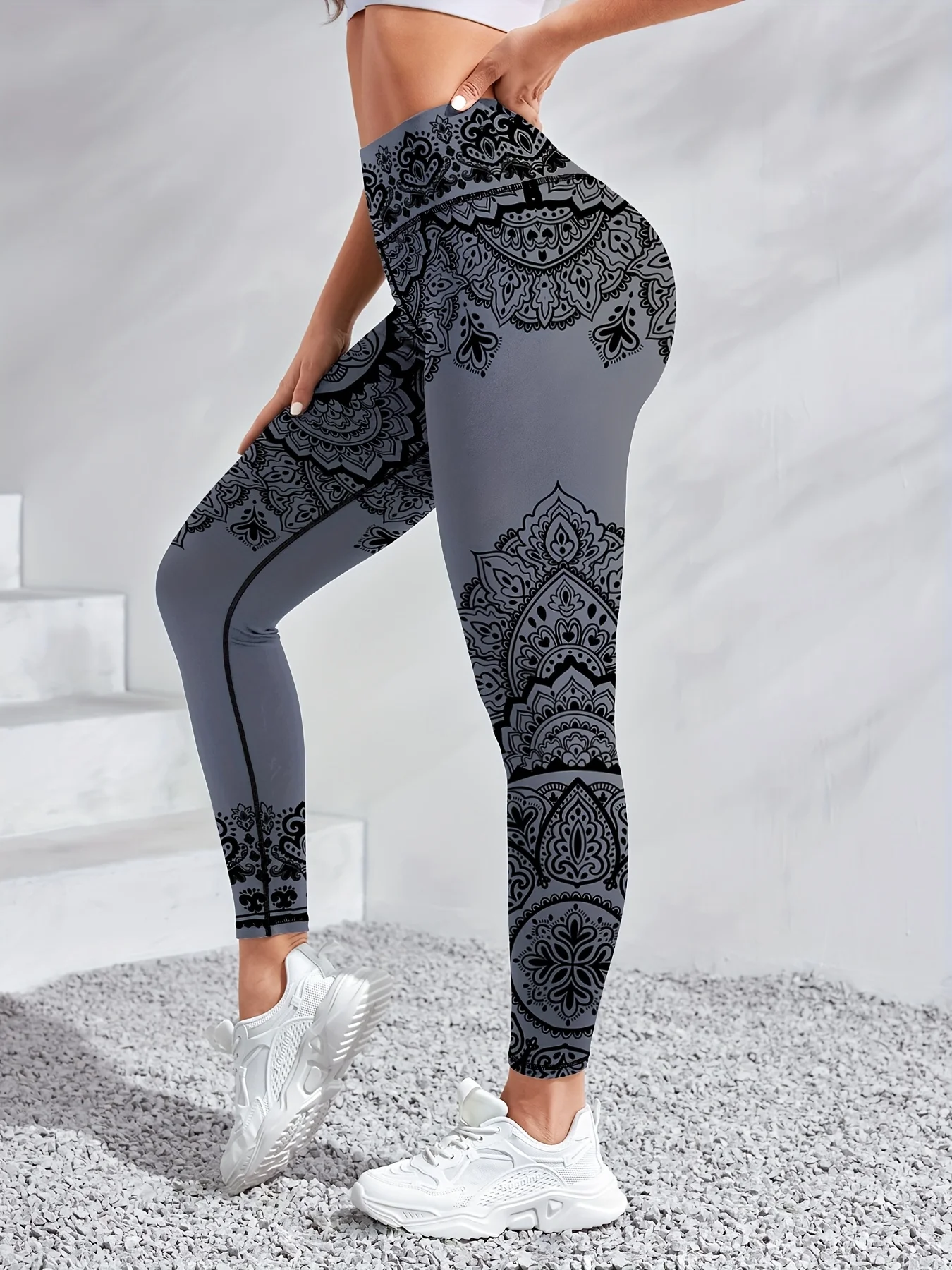 Women Mid‑Rise Fleece Lined Leggings Mandala Ethnic Splice Print Warm Elastic Workout Pants