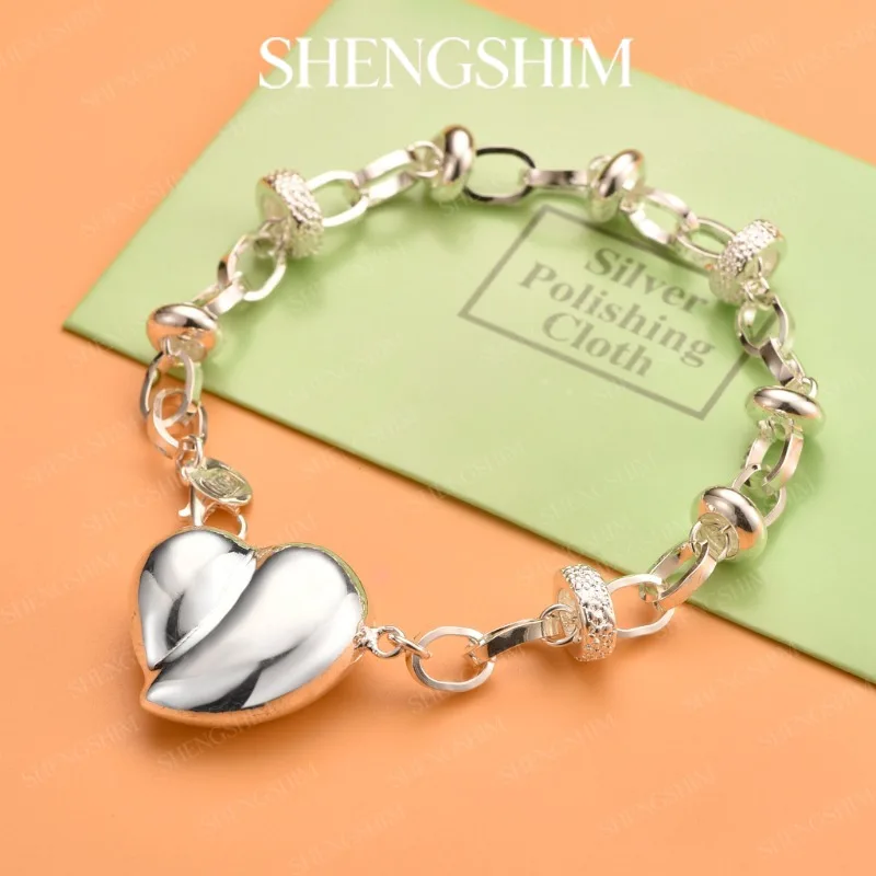 SHENGSHIM 925 Sterling Silver Large Heart Gear Patterned Detail Bracelet For Women Fashion Jewelry Party Birthdays Gift