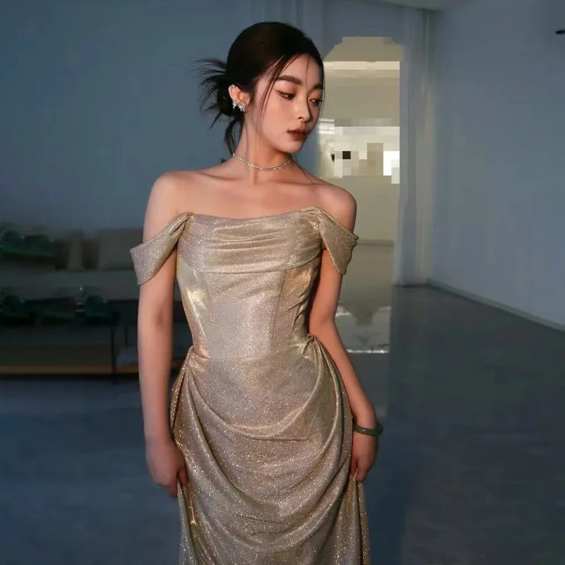 ประกายเลดี้ชุดราตรีเซ็กซี่ปิดไหล่ชุดแต่งงานชุดราตรีอารมณ์สง่างามชุดสตรี Vestidos