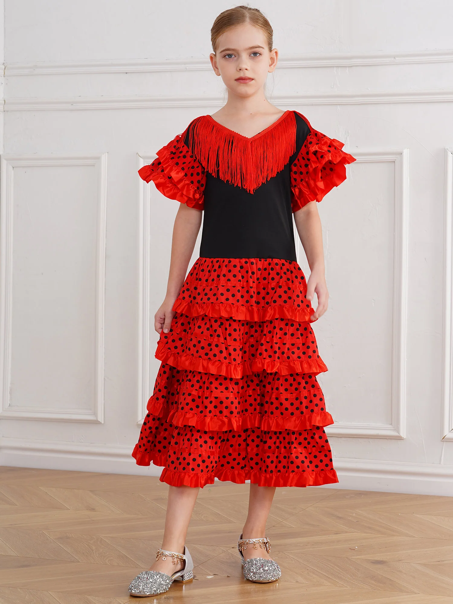 Traditionelles spanisches Flamenco-Tanz kleid für Mädchen klassisches Flamengo-Zigeuner-Langrock-Stierkampf festival mexikanisches rotes Kleid