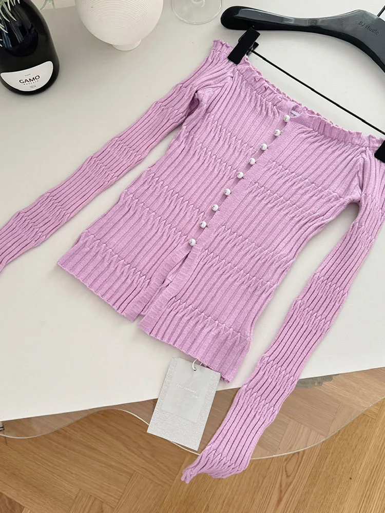 Fashion New Slash Neck Design Slim T-Shirts Women Sweet Sexy Long Sleeve Knit Tops Autumn 2024 High Street Button Tees New Trend