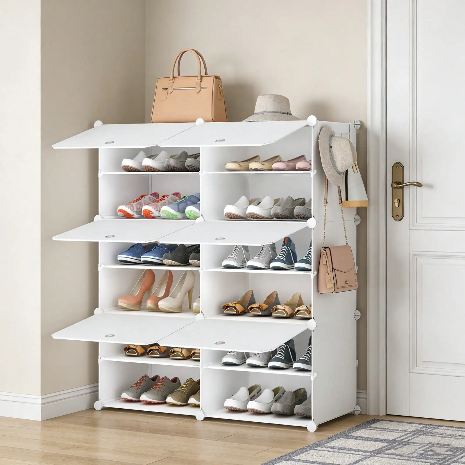 

Shoe Rack Organizer With Door, 32 Pairs Shoe Storage Cabinet Easy Assembly, Plastic Adjustable Shoe Organizer Stackable Detachab