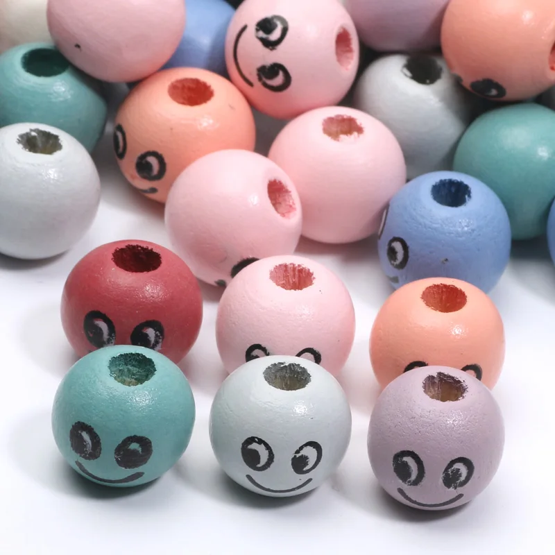 14mm 30Pcs Smiling Face Pattern Mixed Color Circular Bead Wooden Bead For Handmade Jewelry Making Bracelets Necklaces Accessorie