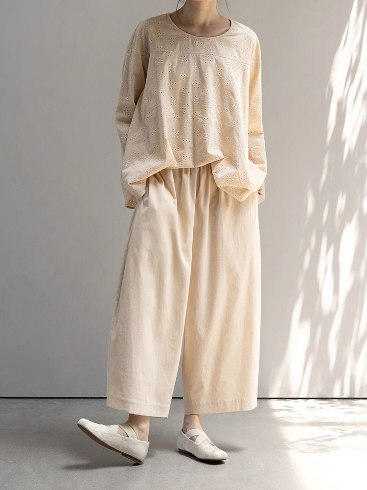 

New Le Pure Cotton Soft Flannel Beige Tee Season Elastic Waist Carrot Pants Comfortable Casual Wide Leg Trousers for Women