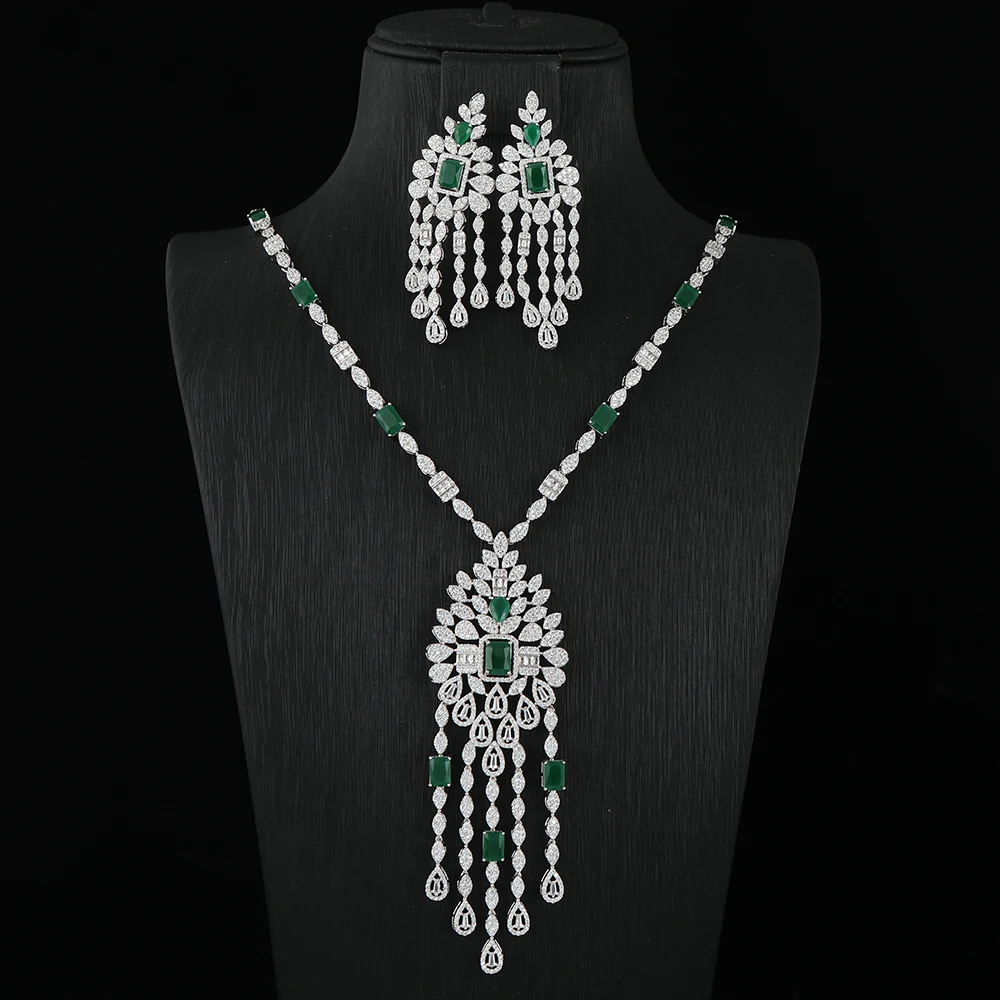 Luxury Simplicity Waterdrop Leaf Square Tassel Long Necklace Earrings Sets For Women Cubic Zirconia Bridal Jewelry S485-3581
