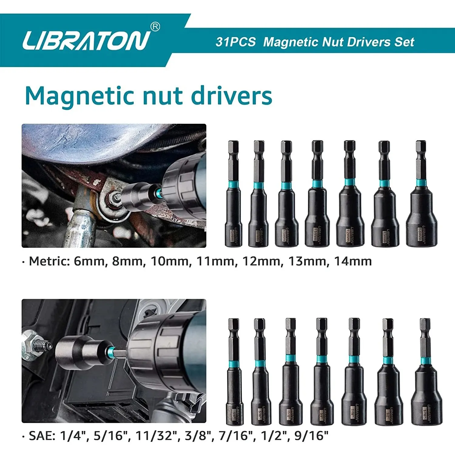 Libraton 31PCS Magnetic Nut Driver Metric & SAE, Impact Drill Driver Bit Set Screwdriver Bits Impact Socket Adapters Bit Holder