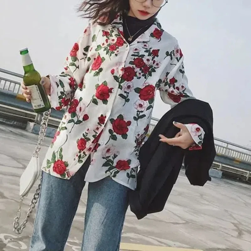 Fashion Casual 2024 Summer New Blouses Women Spliced Printed Plant&Flowers V-Neck Loose Retro Long Sleeve Single-breasted Shirts