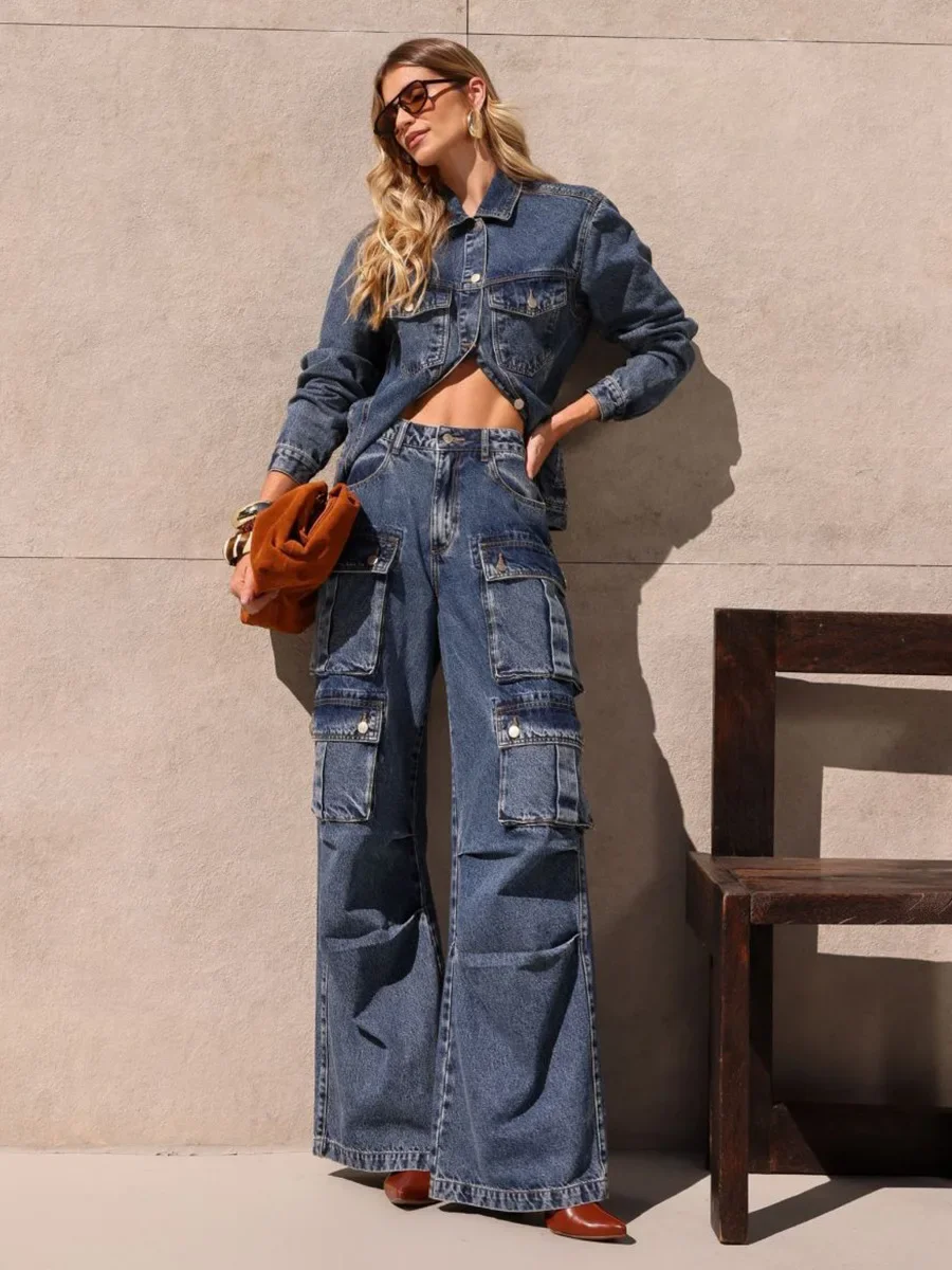 Fmxires 2025 Neue Damen-Jeansjacke im Retro-Stil, dunkelblau, Revers, neuer Herbst, locker, stilvoll, lässig, täglich, Oberbekleidung, Denim-Tops