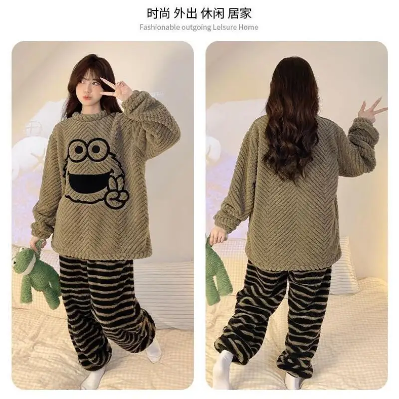 Kawaii الكرتون المرأة بيجامة الخريف الشتاء المرجان الصوف Pj مجموعة الفانيلا الدفء ملابس خاصة رشاقته ملابس النوم فتاة لطيف Homewear