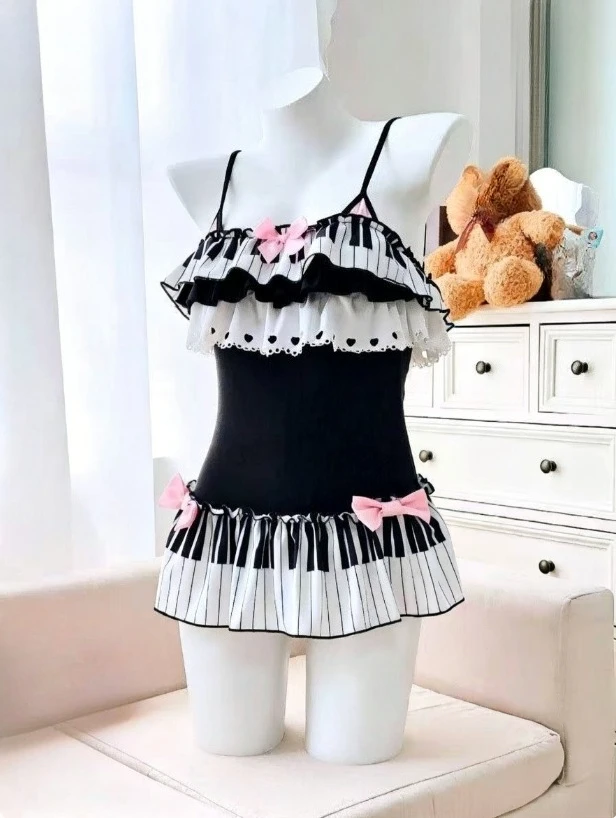 Soft Ruffle Two Piece Swimsuit Women Kawaii Harajuku Halter Printed Bikini Summer Daily Swim