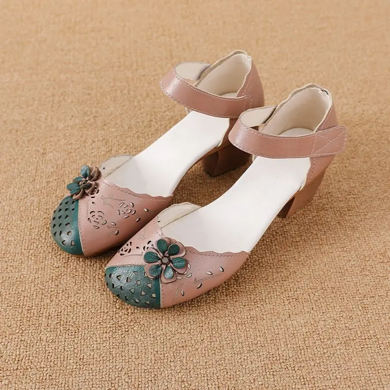 

New closed toe flower sandals summer elegant mary janes shoes woman geunine leather cut-outs sandalies chunky high heels shoes