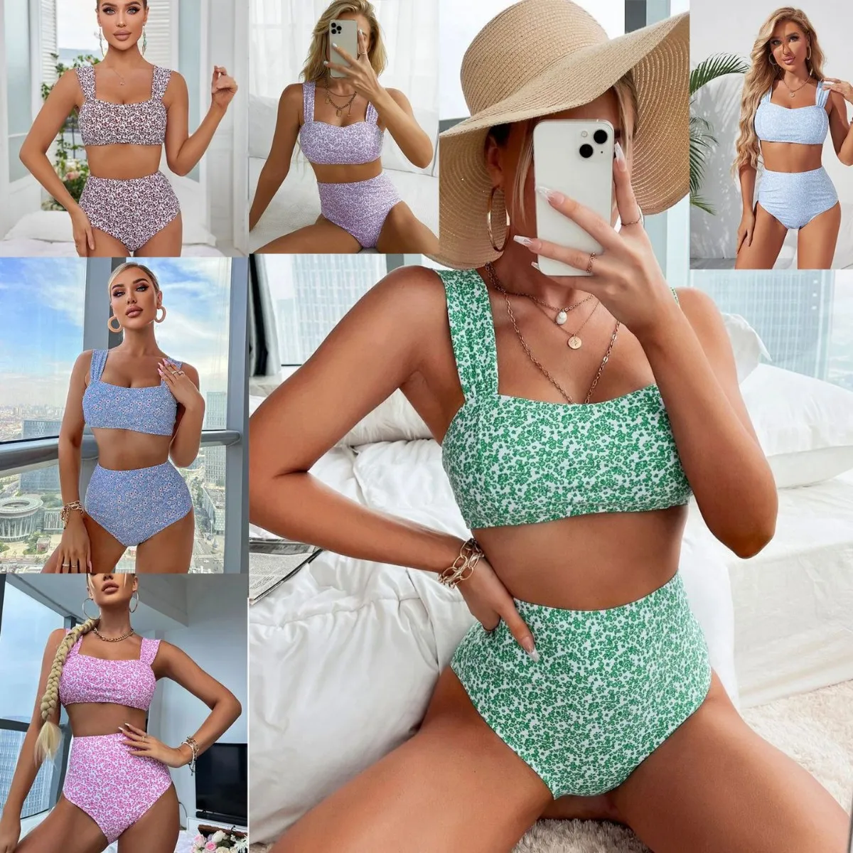 

2025 Trendy High Waist Bikini Set Women's Floral Digital Print Two-Piece Swimsuit Sexy Adjustable Ties & Push Up Top Summer New