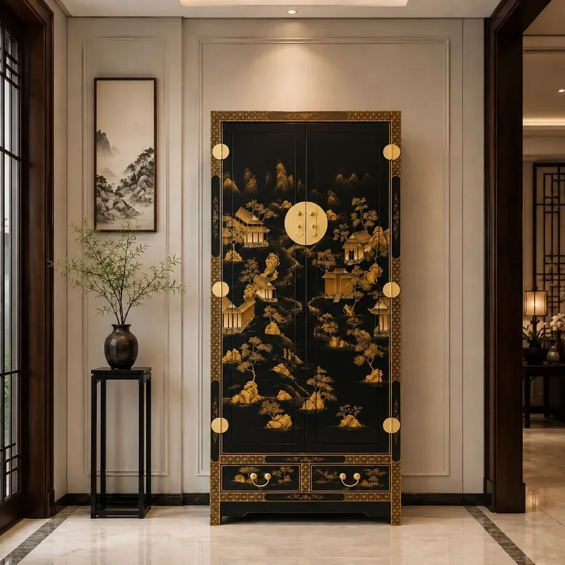 New Chinese Retro Hand Painted Gold Lacquer Tall Cabinet Side Cabinet Locker Decorative Cabinet Wardrobe