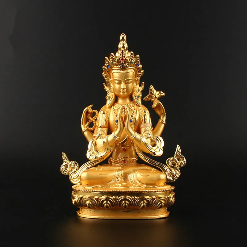 

14.8cm Alloy Metal Gold Plated Buddhist Suppliers Avalokitesvara Bodhisattva Four-Arms Guanyin Tibetan Figure Buddha Statue