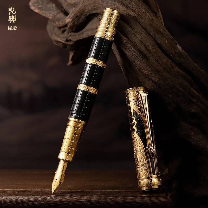 Hongdian Qin Dynasty Series 14K Fine Nib Fountain Pen Exquisite Retro Calligraphy Writing Piston Engraved Chinese Style Pen Gift