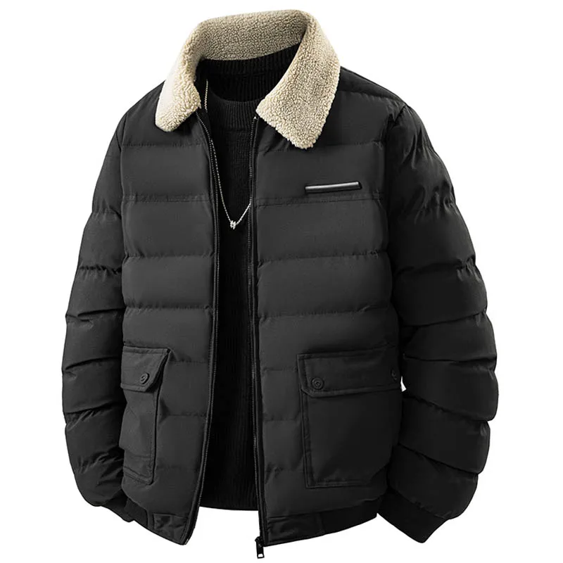 سترة قطنية شتوية للرجال، سترة سميكة، سترة قطنية عصرية للشباب بقصة ضيقة، ياقة من الفرو، معطف سميك لطية صدر السترة