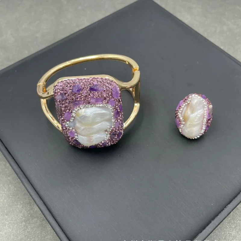 

Natural Baroque Freshwater Pearl Bracelet Ring Dotted with Rhinestone Amethyst Crystal Original Stone Love Guardian Jewelry