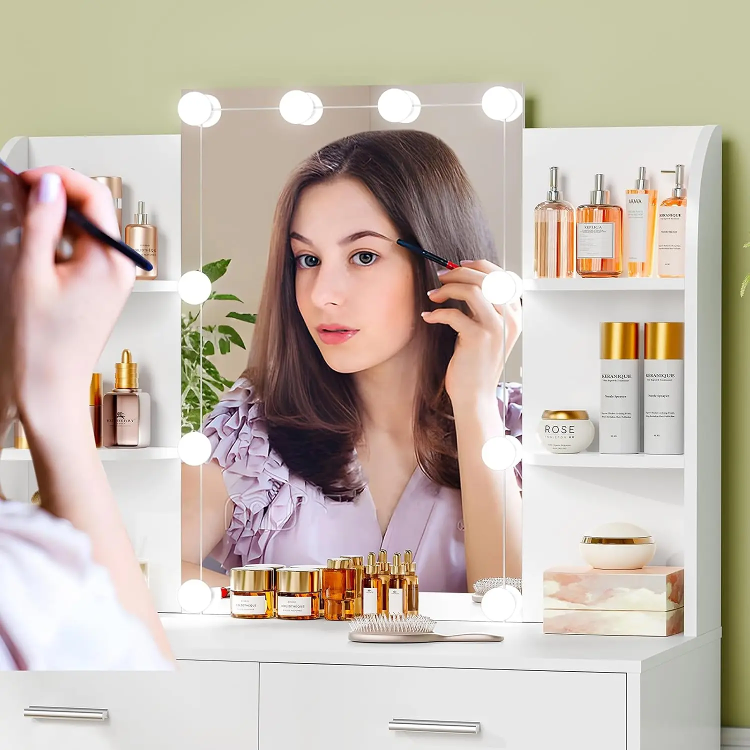 Vanity Desk with Mirror & Lights,2 Large Drawers, 6 Storage Shelves & Stool, 3 Color Light Adjustable