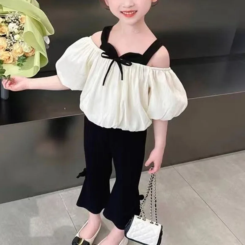 Summer New Girls Square Collar Off Shoulder Contrast Color Spliced Bow Fashionable Loose Sweet Puff Sleeve Elastic Pants Sets