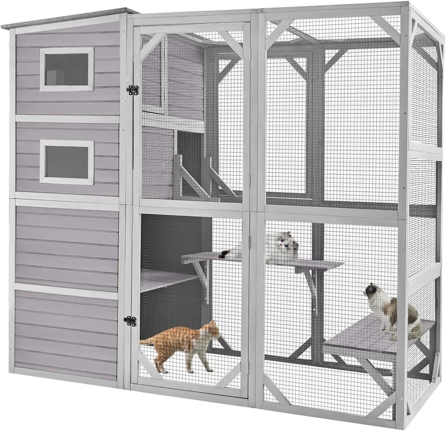 Catio Caja para gatos al aire libre para gatos múltiples Casa grande para gatos resistente a la intemperie con 4 niveles, 3 salas de descanso, 3 plataformas, 77