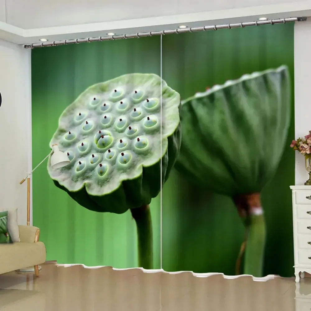 

Green Lotus Flower Printed Curtain for Bedroom Living Room Floor-to-ceiling Window Kitchen Shutters Grommet Top cortinas Drape